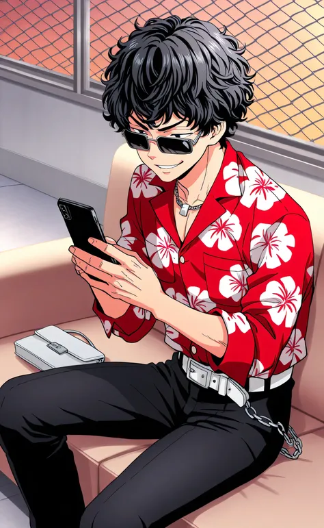 1male,solo,Hanaki guriko,short hair,black hair,Curly hair,sunglasses,smirk,muscle,red Long-sleeve Hawaiian shirt,silver necklace,White belt,black pants,wallet chain,play phone,school,rooftop,sitting on sofa,