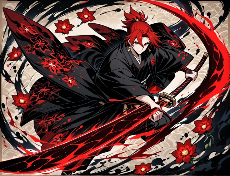 1boy, red hair, tied hair, red eyes, rectangle earrings, black kimono with red flower patterns, dynamic pose, dynamic composition, katana, sword slash effect, sword aura, ink background, ink splats,