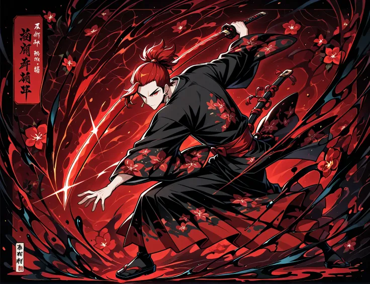 1boy, red hair, tied hair, red eyes, rectangle earrings, black kimono with red flower patterns, dynamic pose, dynamic composition, katana, sword slash effect, sword aura, ink background, ink splats,