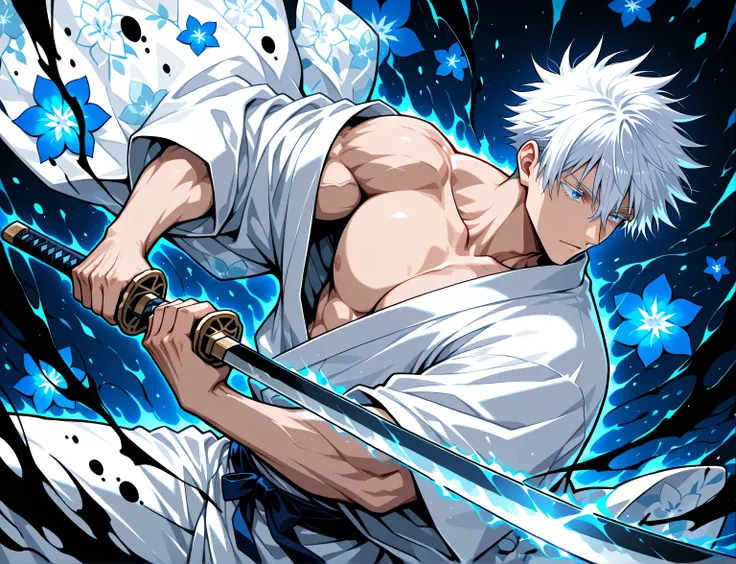 1man, adult, male focus, gojou satoru, jujutsu kaisen, white hair, short hair, ((hair between eyes)), colored eyelashes, white eyelashes, blue eyes, intricate eye iris, detailed eyes, muscular male, sexy man, handsome man, handsome face, white kimono with ...