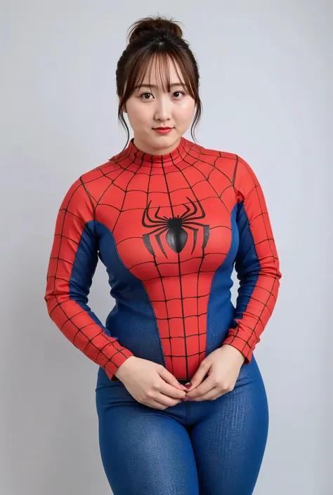 Plus-sized woman, Spider-Man, Peter Parker, NSFW, 1 girl, (plunging neckline : 1.9), (cleavage cutout : 1.9), Deep Cleavage, (She is wearing only the Spider-Man full-body tight-fitting suit : 1.6), (Full-body shot from a moderate distance : 1.9), ((standin...