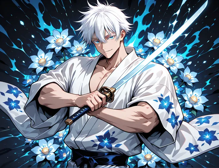 1man, adult, male focus, gojou satoru, jujutsu kaisen, white hair, short hair, ((hair between eyes)), colored eyelashes, white eyelashes, blue eyes, intricate eye iris, detailed eyes, muscular male, sexy man, handsome man, handsome face, white kimono with ...