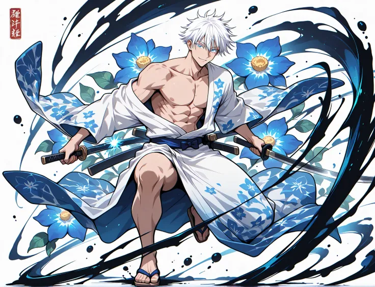 1man, adult, male focus, gojou satoru, jujutsu kaisen, white hair, short hair, ((hair between eyes)), colored eyelashes, white eyelashes, blue eyes, intricate eye iris, detailed eyes, muscular male, sexy man, handsome man, handsome face, white kimono with ...