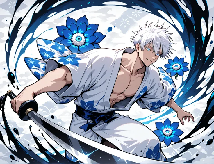 1man, adult, male focus, gojou satoru, jujutsu kaisen, white hair, short hair, ((hair between eyes)), colored eyelashes, white eyelashes, blue eyes, intricate eye iris, detailed eyes, muscular male, sexy man, handsome man, handsome face, white kimono with ...