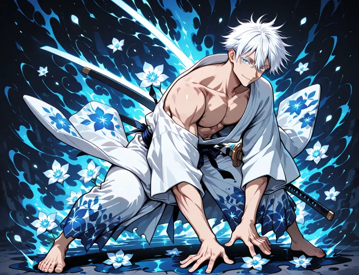 1man, adult, male focus, gojou satoru, jujutsu kaisen, white hair, short hair, ((hair between eyes)), colored eyelashes, white eyelashes, blue eyes, intricate eye iris, detailed eyes, muscular male, sexy man, handsome man, handsome face, white kimono with ...