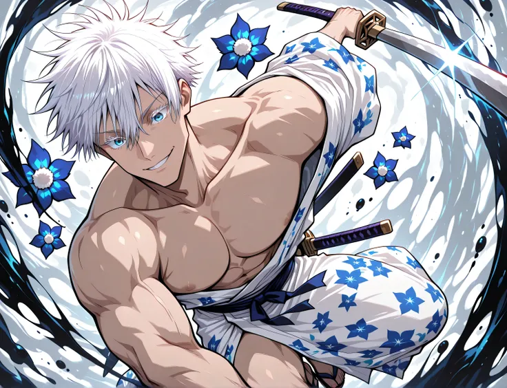 1man, adult, male focus, gojou satoru, jujutsu kaisen, white hair, short hair, ((hair between eyes)), colored eyelashes, white eyelashes, blue eyes, intricate eye iris, detailed eyes, muscular male, sexy man, handsome man, handsome face, white kimono with ...