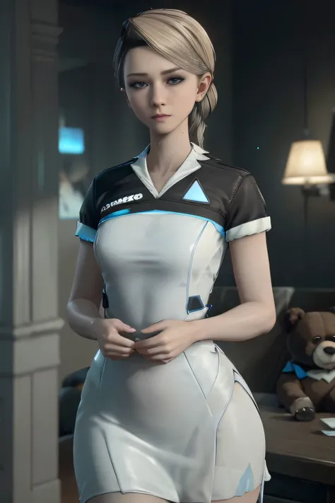 photo of Cara from Detroit become human, 20 years old, RAW, beautiful woman, ((portrait)), ((detailed face, blonde hair tied in a French braid:1.2)), ((detailed facial feature, detailed skin, clear skin), (perfect proportioned body, thin hips, slender wais...