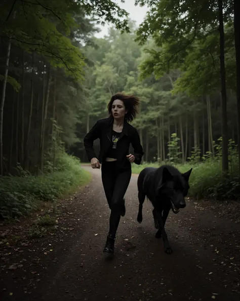 a sinister bizarre punk woman running very fast through the woods with her black wolf, resolution 8k, Ultra-Detailed, film-grade lighting, Dramatic reflections, Deep contrast, hyperrealistic textures, heavy narrative composition, woman and an intense psych...