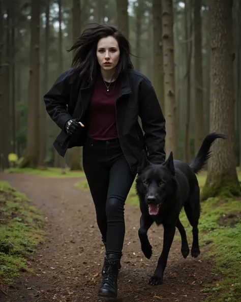 a sinister bizarre punk woman running very fast through the woods with her black wolf, resolution 8k, Ultra-Detailed, film-grade lighting, Dramatic reflections, Deep contrast, hyperrealistic textures, heavy narrative composition, woman and an intense psych...