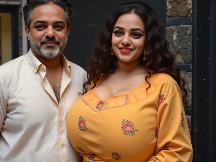 Indian old politician man with his sexy milf assistant, tall woman with thick curvy mom body physique, woman with long ponytail black hair, woman with small black dot bindhi in forehead and red sindoor, woman has a red simple sindoor and yellow thread mang...