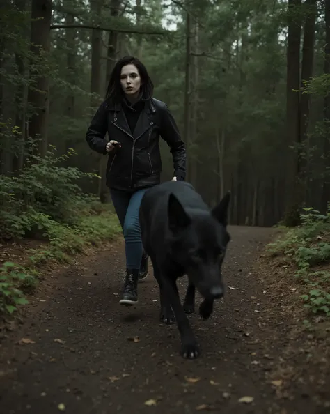 a sinister bizarre punk woman running very fast through the woods with her black wolf, resolution 8k, Ultra-Detailed, film-grade lighting, Dramatic reflections, Deep contrast, hyperrealistic textures, heavy narrative composition, woman and an intense psych...