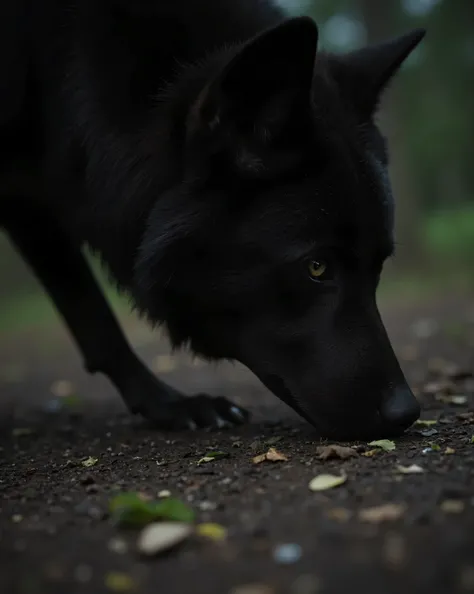 Ultra close up of A black wolf that smells the forest floor, resolution 8k, Ultra-Detailed, film-grade lighting, Deep contrast, hyperrealistic textures, heavy narrative composition, woman and an intense psychological atmosphere.