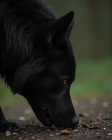 Ultra close up of A black wolf that smells the forest floor, resolution 8k, Ultra-Detailed, film-grade lighting, Deep contrast, hyperrealistic textures, heavy narrative composition, woman and an intense psychological atmosphere.