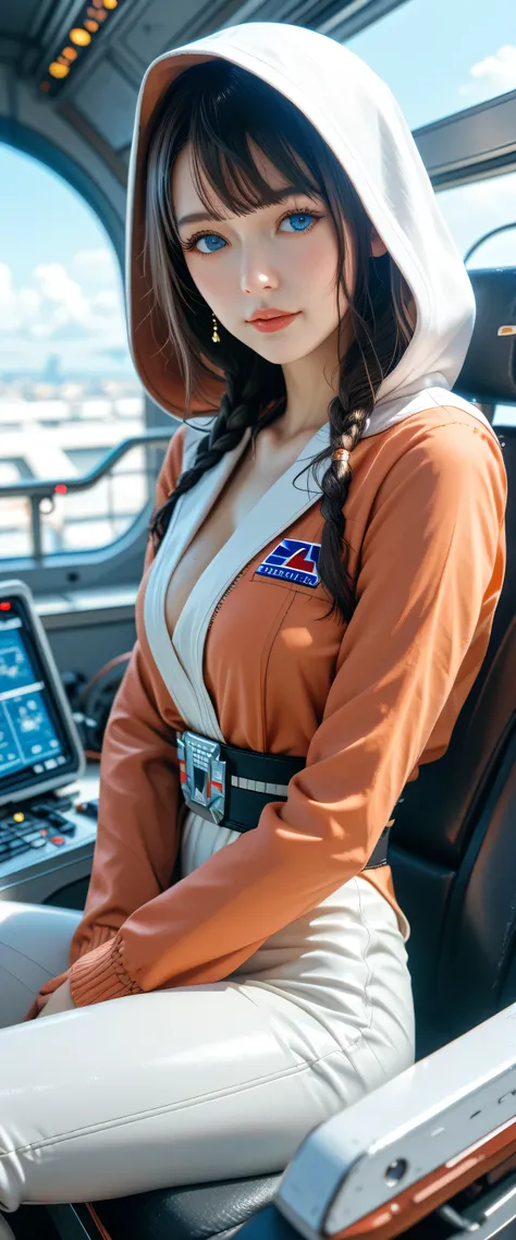 High Definition Images、Star Wars Worldview、womanhood、inside the cockpit of the Millennium Falcon、top quality、masterpiece、8k、 futuristic spaceship interior 、ピンクのサイバースーツを着たwomanhood、dark haired、blue eyes、shortcuts、top quality、hi-res、、blue eyes、
