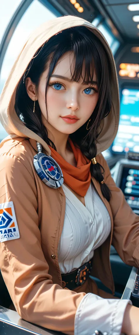 High Definition Images、Star Wars Worldview、womanhood、inside the cockpit of the Millennium Falcon、top quality、masterpiece、8k、 futuristic spaceship interior 、ピンクのサイバースーツを着たwomanhood、dark haired、blue eyes、shortcuts、top quality、hi-res、、blue eyes、