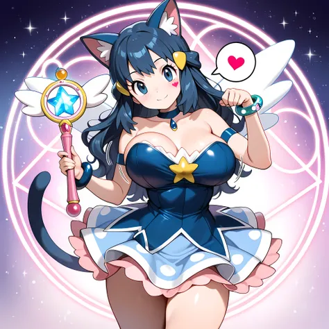 (masterpiece), (highest quality), (illustration), (super detailed), (high resolution), absurdity, 1girl,solo,dawn_(pokemon),(long hair),(wavy hair),catgirl,cat ears,cat tail,magical girl,magical girl costume,blue clothes,wings,patterned dress,strapless,bar...