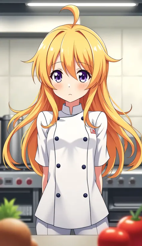 Anime girl named Nakiri Erina, standing alone in high resolution, masterpiece-like detail. Her blond hair cascades down to her waist, framing her cute, determined face with delicate eyes that shine bright like purple gems. She wears a chef outfit, a pristi...