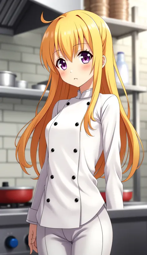 Anime girl named Nakiri Erina, standing alone in high resolution, masterpiece-like detail. Her blond hair cascades down to her waist, framing her cute, determined face with delicate eyes that shine bright like purple gems. She wears a chef outfit, a pristine white jacket and matching pants, as she focuses intently on the ingredients before her in Shokugeki no Souma. Her long hair is tied back, revealing a small, worried expression. The contours of her figure are clearly defined under the bright kitchen lights.