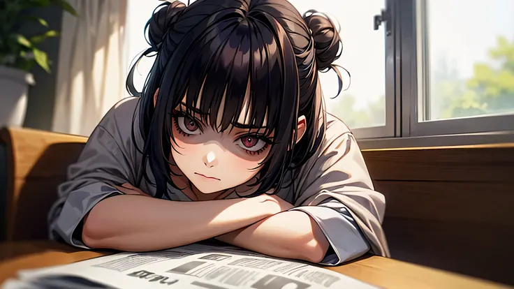 a cinematic close-up of a young woman with tired eyes and a messy bun, sitting by a window in the early morning light, intently reading a large newspaper, headlines visible but blurred, her expression serious and contemplative, coffee cooling on the table ...