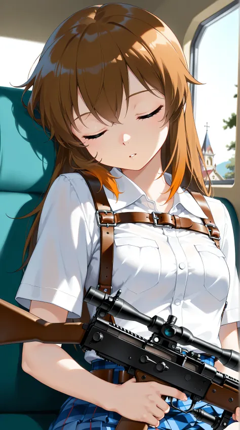 (masterpiece, top quality, top quality, beautiful and aesthetic:1.2),(8k, top quality, masterpiece:1.2), Erotic photos ,Anime,cute,1 girl taking a short break,schoolgirl,Upper body only,small breasts, 1940s JK uniform, Plaid Skirt, sitting,(Crossing the o...