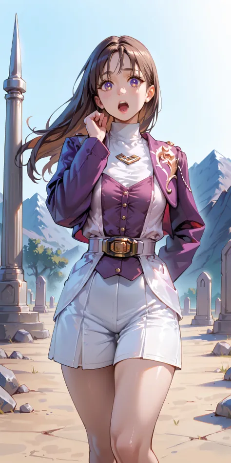 (High definition CG), (top quality),Cemetery,Rocky Mountain,run away,((1 woman in the body)),perfect face, wide hips, thin waist, ,purple bolero jacket that opens your eyes and mouth just a little,(((white skirt))),long sleeve, Pink Belt, straight and ...