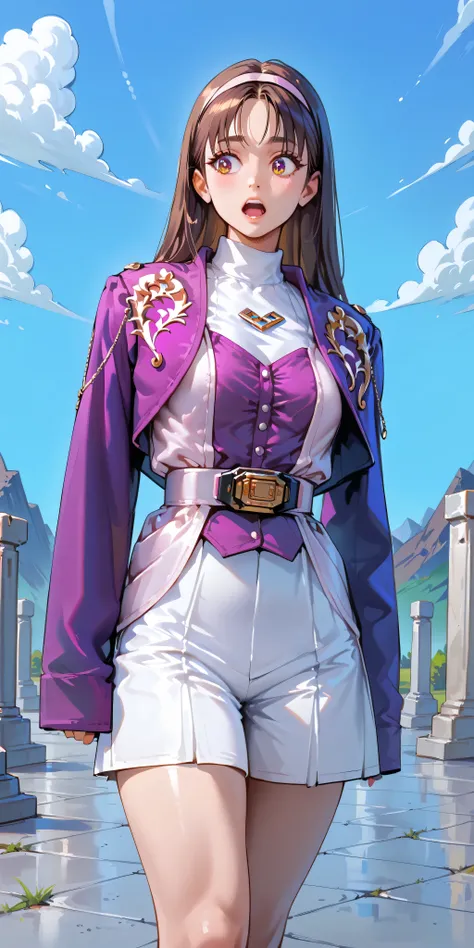 (High definition CG), (top quality),Cemetery,Rocky Mountain,run away,((1 woman in the body)),perfect face, wide hips, thin waist, ,purple bolero jacket that opens your eyes and mouth just a little,(((white skirt))),long sleeve, Pink Belt, straight and ...