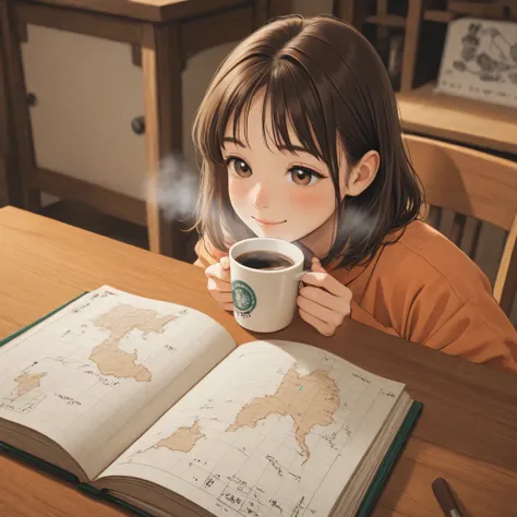 A warm, cozy café bathed in soft natural light. A young woman sits at a wooden table, holding a steaming coffee cup with one hand and writing or drawing in a travel notebook with the other. A small open map, travel brochures, and a passport lie scattered a...