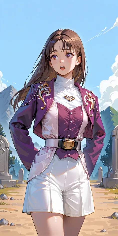 (High definition CG), (top quality),Cemetery,Rocky Mountain,run away,((1 woman in the body)),perfect face, wide hips, thin waist, ,purple bolero jacket that opens your eyes and mouth just a little,(((white skirt))),long sleeve, Pink Belt, straight and ...