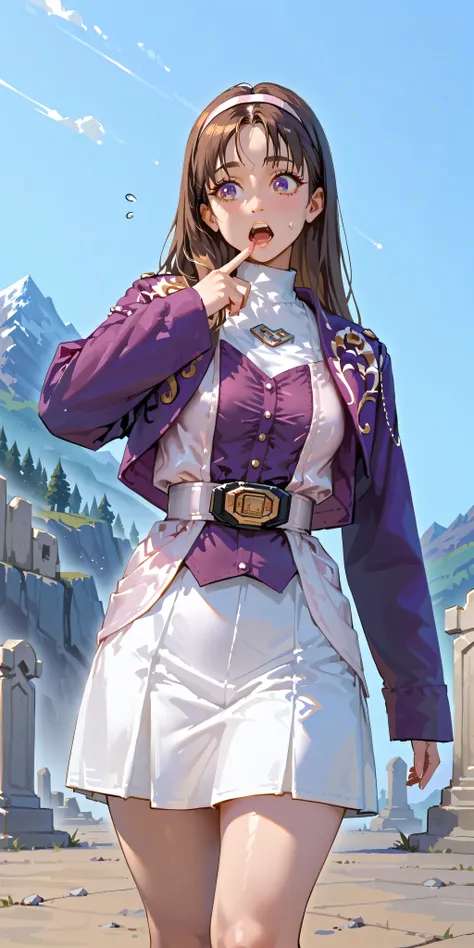 (High definition CG), (top quality),Cemetery,Rocky Mountain,run away,((1 woman in the body)),perfect face, wide hips, thin waist, ,purple bolero jacket that opens your eyes and mouth just a little,(((white skirt))),long sleeve, Pink Belt, straight and ...