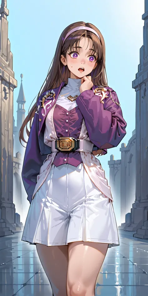 (High definition CG), (top quality),Cemetery,Spooky cave,run away,((1 woman in the body)),perfect face, wide hips, thin waist, ,purple bolero jacket that opens your eyes and mouth just a little,(((white skirt))),long sleeve, Pink Belt, straight and lon...