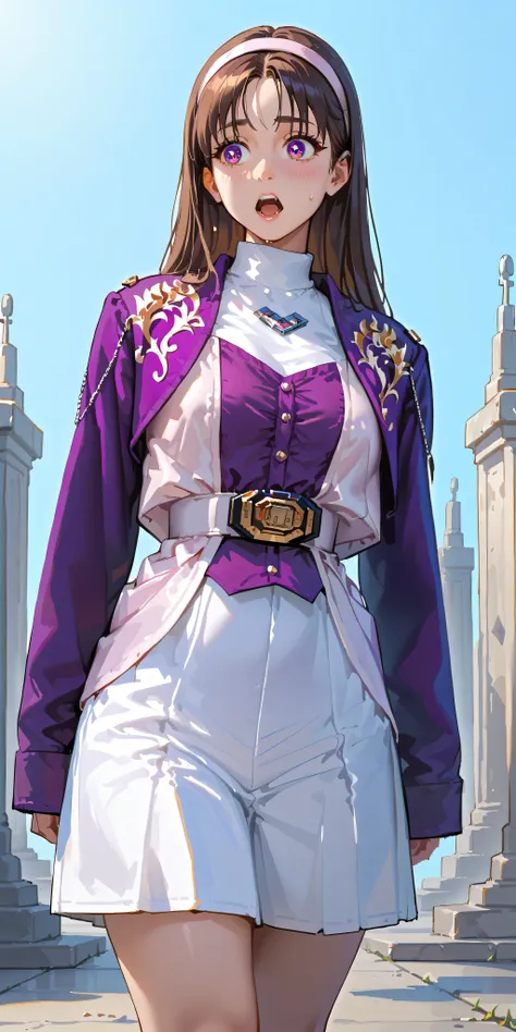 (High definition CG), (top quality),Cemetery,Spooky cave,run away,((1 woman in the body)),perfect face, wide hips, thin waist, ,purple bolero jacket that opens your eyes and mouth just a little,(((white skirt))),long sleeve, Pink Belt, straight and lon...