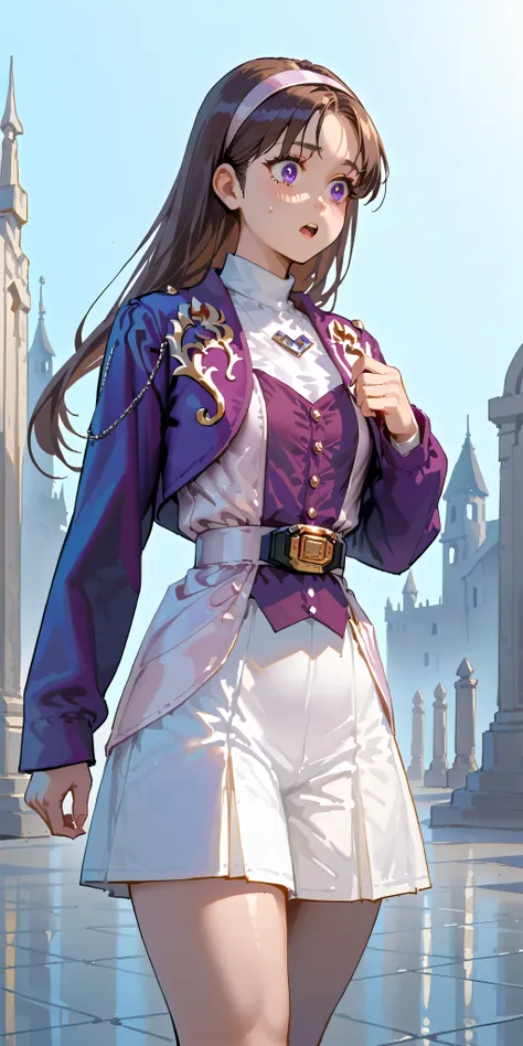 (High definition CG), (top quality),Cemetery,Spooky cave,run away,((1 woman in the body)),perfect face, wide hips, thin waist, ,purple bolero jacket that opens your eyes and mouth just a little,(((white skirt))),long sleeve, Pink Belt, straight and lon...