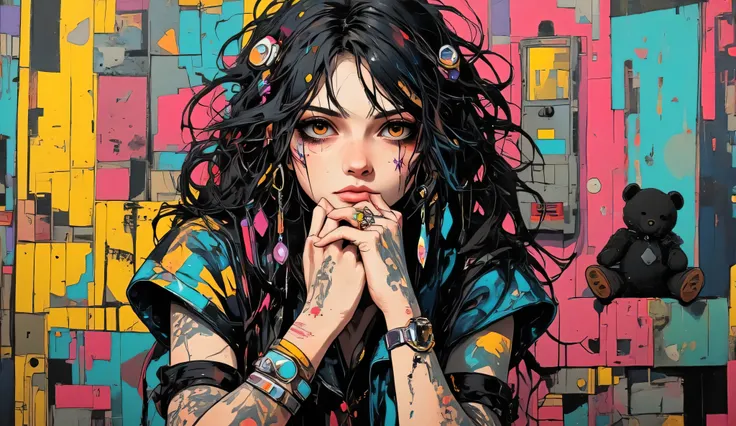 estilo manga:1.5, she has tattoos on her arm and left cheek, Allowed , Light brown eyes, pop surrealista , looking at the camera , Surrealist pop , be careful with long hair with braids , curly black hair, Japanese pop surrealist...