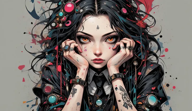 manga style:1.5, she has tattoos on her left arm and cheek, Allowed, Light brown eyes, surrealist pop, looking at the camera, Surrealist pop, beware of long hair with braids, curly black hair, Japanese surrealist pop, She supports her chin with both hands,...