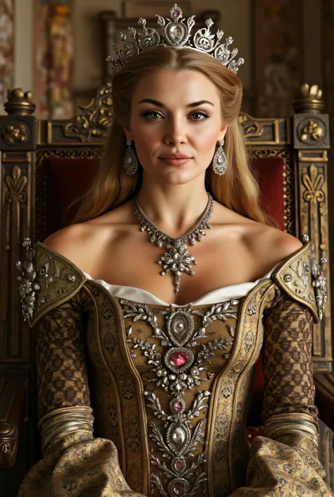 (RAW Photo, Best Quality), (Realistic, Photo Realistic: 1.3), Best Quality, Highly Detailed, Masterpiece, Hyperdetail, Realistic photo shot, realistic photo of a queen , makeup, , blonde hair , (( dress , )), medieval, inside of a castle, th...