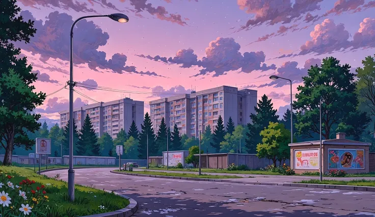 landscape, street, USSR vibes, panel buildings:2.5, panelki:2.5, many floors, many green trees, pink evening, stars, moon, summer, puddles on the asphalt, cloudy:1.5, grass, crossroad:1.5, cracks in the asphalt:0.3, soviet-style concrete fence:0.15, flower...
