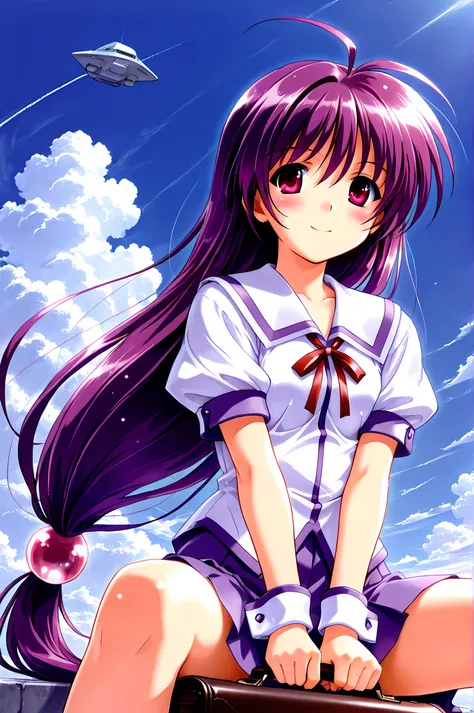 Iriya Kana,1girl, solo, long hair, school uniform, skirt, very long hair, school briefcase, purple hair, low-tied long hair, bag,school bag, holding, smile, ribbon, short sleeves, cloud, looking at viewer, holding bag, ahoge, bangs, sky, hair ornament, v a...