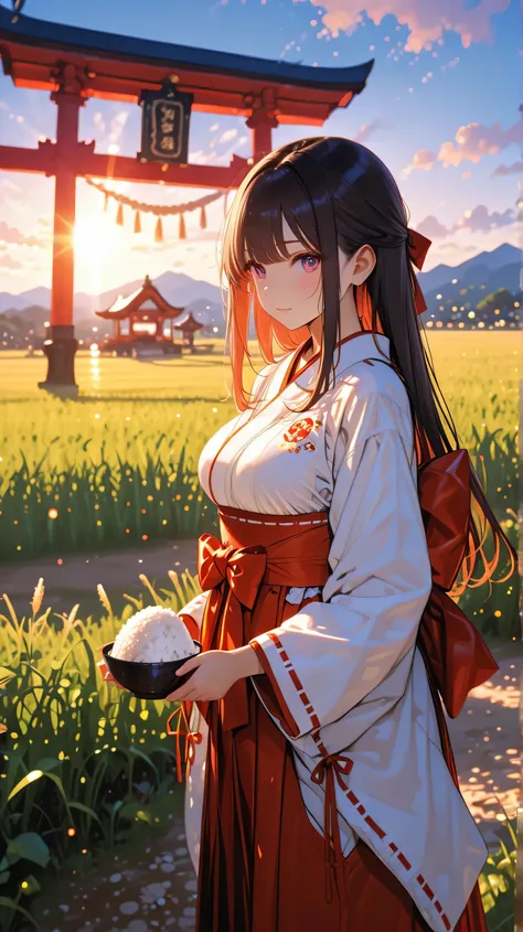 ((Rice field:1.5))((Shrine maiden:1.mall beautiful breasts、masterpiece、high definition、Realistic、extreme detail、HDR、generative rendering、bokeh、Vivid Colors、Majestic Atmosphere、Traditional Japanese Costumes、((Dazzling Sun Difference :1.5)) Outdoors　Mountain...
