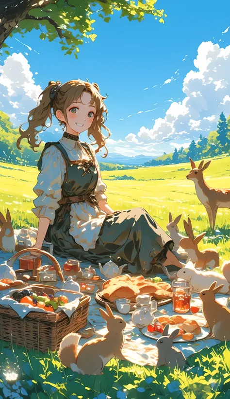 anime-style, medium shot, fantasy village girl with twin-tails, wearing a rustic medieval dress and apron, sitting on a picnic blanket in a sunlit meadow, surrounded by open picnic basket, bread, fruits, and tea set, smiling warmly as forest animals — rabb...