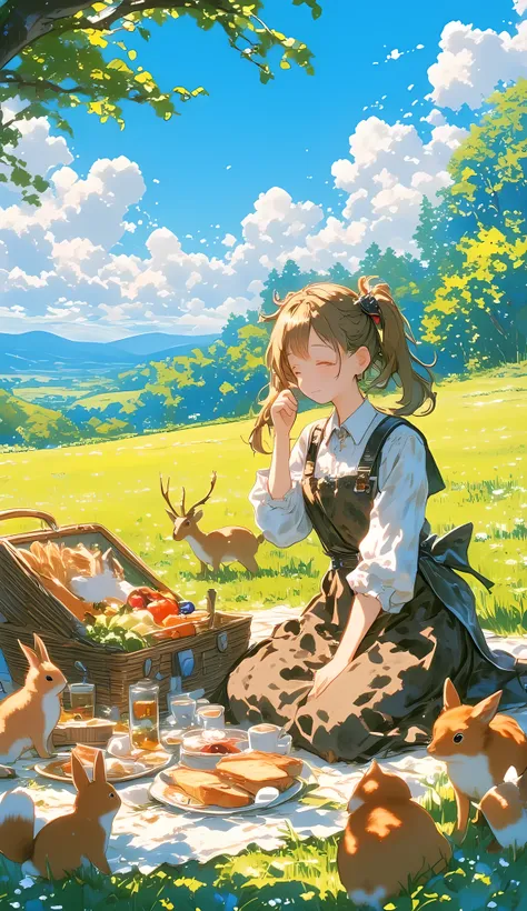 anime-style, medium shot, fantasy village girl with twin-tails, wearing a rustic medieval dress and apron, sitting on a picnic blanket in a sunlit meadow, surrounded by open picnic basket, bread, fruits, and tea set, smiling warmly as forest animals — rabb...