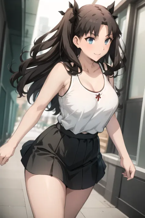 紺色のpleated miniskirtを履いています,red sleeveless sweater, dark twin-tail hair ,please give me an accurate representation of the hands and legs,face is absolutely necessary,,draw a lovely smiling woman,Big breasts,I'm drawing her expression more delicately,Walki...