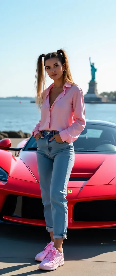 high-resolution image、Beautiful woman wearing pink trainers and denim with a twin-tail hairstyle in front of a car、(Picture posing in front of the newest red Ferrari)Posing image、Statue of Liberty floating on the ocean background