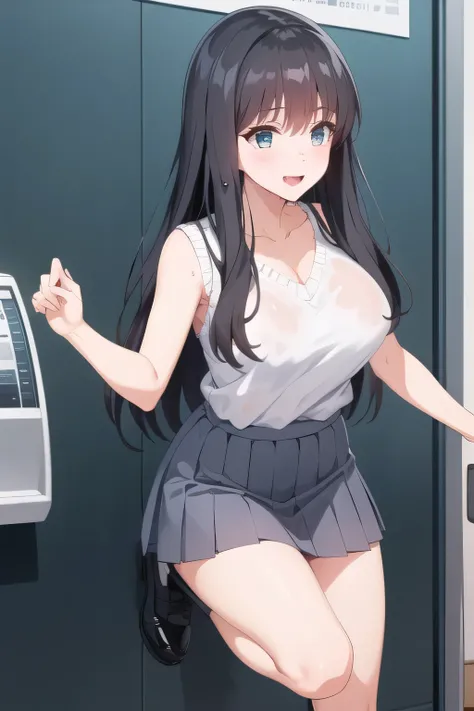 in full color CG I definitely need a face,black hair long hair，white hair band，，pleated miniskirtミニスカート，accurate hand and foot expressions，my nipples are sharp、、wet in the rain, It becomes transparent ,draw a lovely smiling woman,dark blue pleated skirt,Pl...