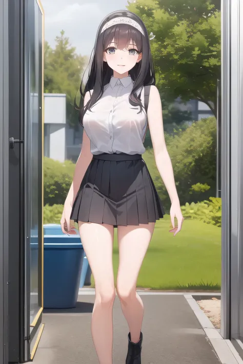 Full color CG depicting a smiling adorable woman bathing in the woods,long black hair，white hair band，，pleated miniskirtミニスカート，accurate hand and foot expressions，my nipples are sharp、、getting wet in the rain, It becomes transparent  ,I definitely need the ...