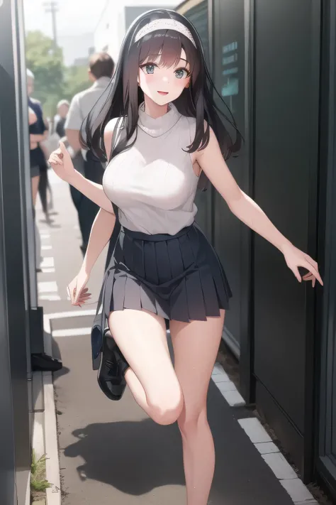 Full color CG depicting a smiling adorable woman bathing in the woods,long black hair，white hair band，，pleated miniskirtミニスカート，accurate hand and foot expressions，my nipples are sharp、、getting wet in the rain, It becomes transparent  ,I definitely need the ...