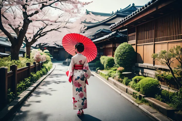 A graceful maiko in a traditional kimono holding a red paper umbrella, standing under full-bloom cherry blossoms on a stone-paved path in Gion, Kyoto. Vintage atmosphere with soft lighting, dreamy bokeh background, detailed kimono patterns, traditional Jap...