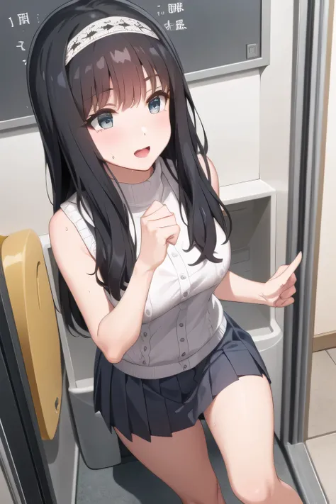 Please draw the facial expression even more delicately,Only one，full color CG depicting a smiling adorable woman bathing in the woods,long black hair，white hair band，，pleated miniskirtミニスカート，accurate hand and foot expressions，my nipples are sharp、、wet in t...