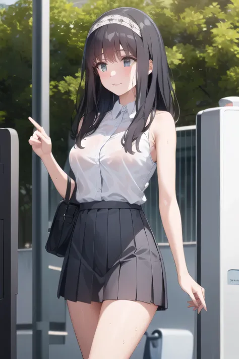 Please draw the facial expression even more delicately,Only one，full color CG depicting a smiling adorable woman bathing in the woods,long black hair，white hair band，，pleated miniskirtミニスカート，accurate hand and foot expressions，my nipples are sharp、、wet in t...