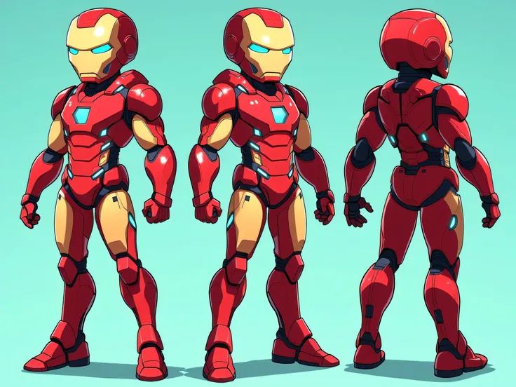 A 2D character reference sheet featuring a futuristic superhero wearing a full red and gold classic model 3 Ironman-style armor with square arc reactor on chest. The character has a large, a big shiny red round spherical helmet with glowing green digital f...