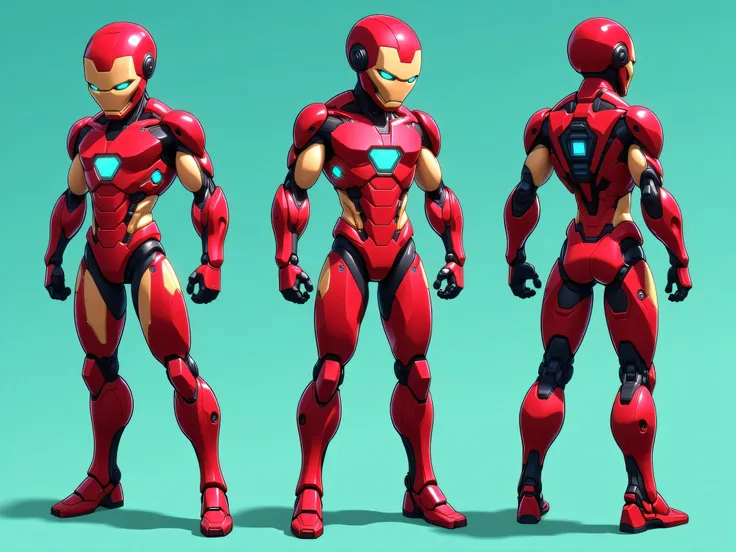 A 2D stickman character reference sheet featuring a futuristic superhero wearing a full red and gold classic model 3 Ironman-style armor with square arc reactor on chest. The character has a large, a big shiny red round spherical helmet with glowing green ...
